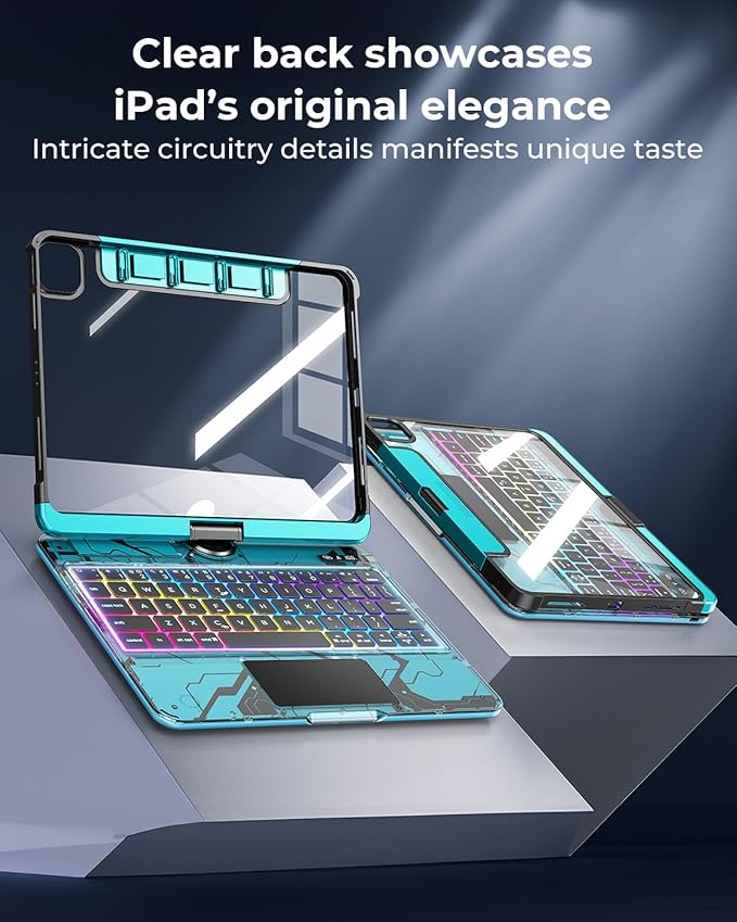 TSQQST Clear Wireless Keyboard Case for iPad Pro 13 Inch M5/M4 2025/2024 with Pencil Holder & Multi-Touch Trackpad, Visible PCB High-Tech Style, 3-Brightness & 7-Color Backlight, 360 Rotatable, Blue