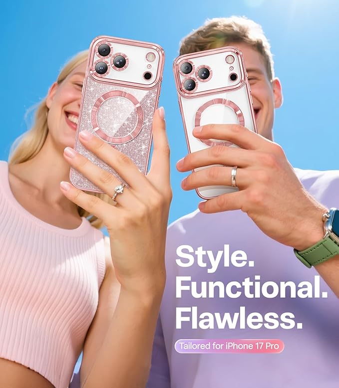 Meifigno Designed for iPhone 17 Pro Case 6.3", [Glitter Card & Wrist Strap][Compatible with MagSafe][2X HD Screen Protectors] Surround Raised Lens Protection for 17 Pro Phone Case for Women, Rose Gold