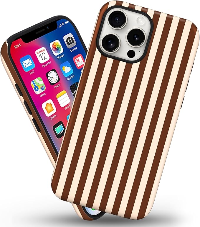 Magnetic for iPhone 16 Pro Max Case Cute Stripes Phone Case, Shockproof Slim TPU and Hard PC Protective Phone Cover Compatible with MagSafe Designed for Women Girls, Brown