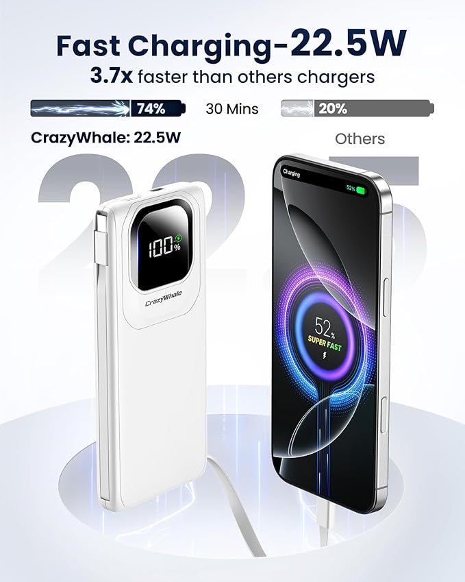 Portable Charger with Built-in Cables,22.5W Super Fast Charging Power Bank Slim Phone Charger,10000mAh Travel Battery Pack Battery Bank with Smart LED Display for iPhone, Android & USB-C