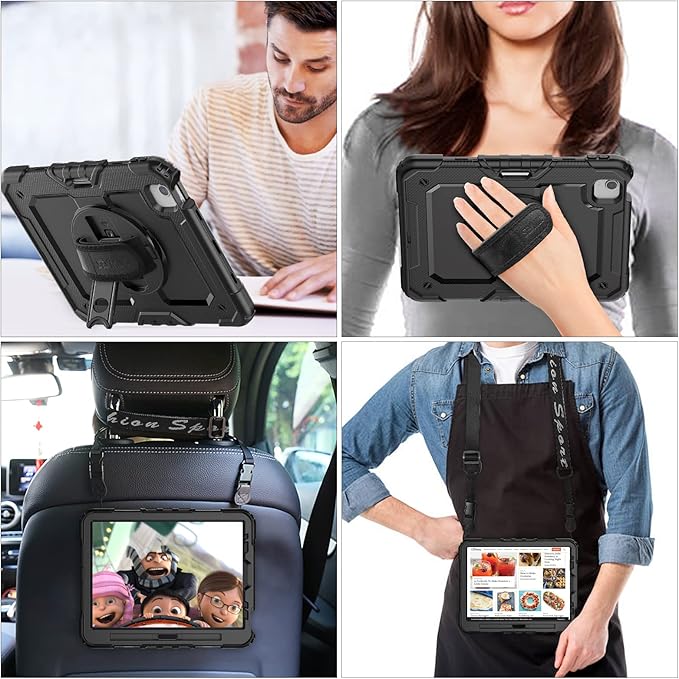SEYMAC stock Case for iPad Air 5th/4th Generation/Pro 11 (4th/3rd/2nd) with Screen Protector Pen Holder, 360° Rotate Hand Strap/Stand Case for iPad Air 5th/4th Gen 10.9''/ Pro 11'' (Black)