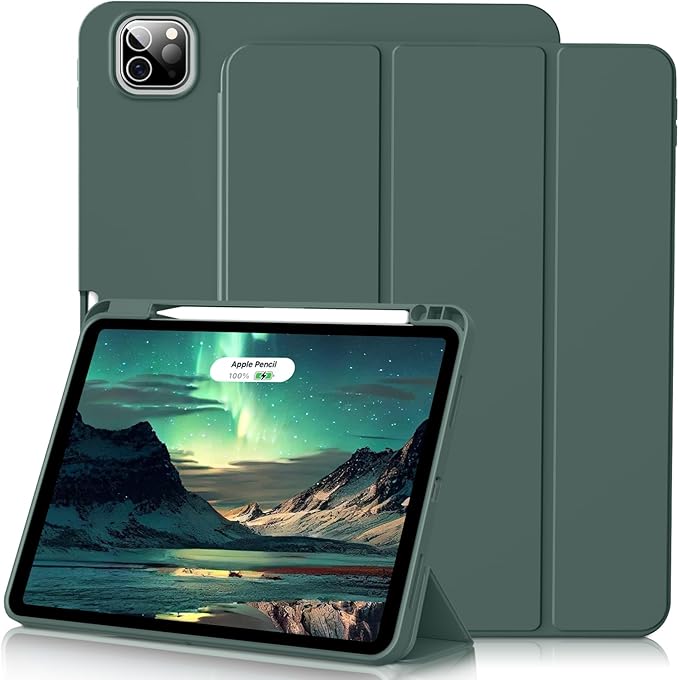 Case for iPad Pro 12.9 Inch Case 6th/5th/4th/3rd Generation with Pencil Holder, Smart Stand Cover with Soft TPU Back for iPad 12.9 Pro Case (2022/2021/2020/2018), Auto Sleep/Wake, Dark Green