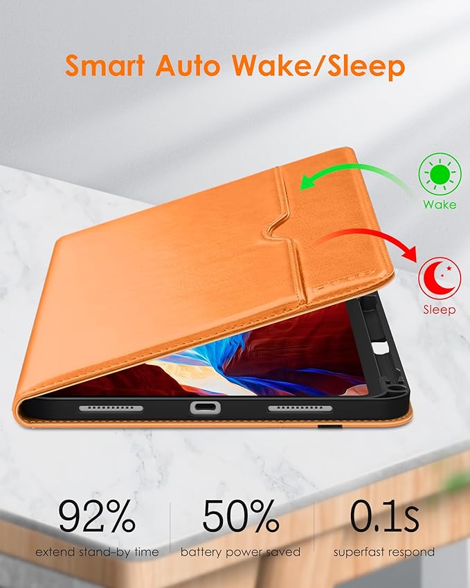 DTTO for iPad Pro 11 inch Case (M5/M4) 2025/2024, Premium Leather Business Folio Stand Cover with Pencil Holder - Auto Wake/Sleep and Multiple Viewing Angles, Orange