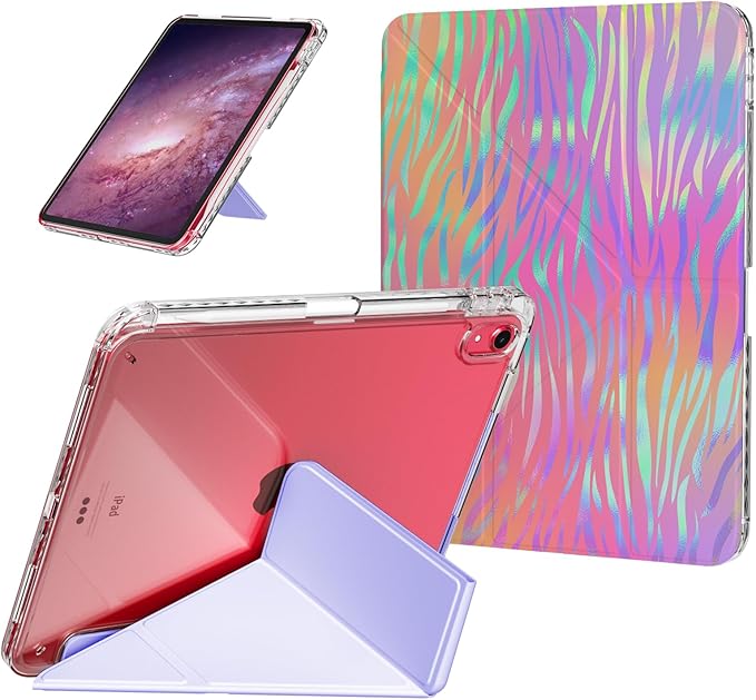 Origami Case for iPad (A16) 11th Generation 11 Inch 2025, iPad 10th Generation Case 10.9 2022 Cover with Pencil Holder, Clear Back Cover, Portrait Y-fold & Trifold Stand, Rainbow Zebra