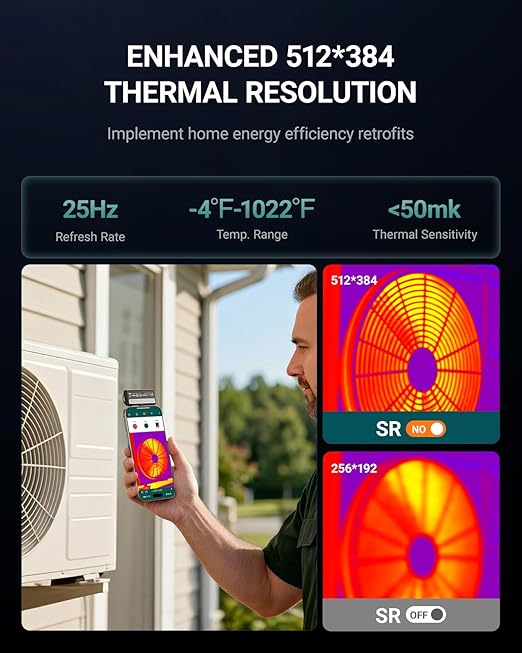Thermal Camera for iPhone & Android, Thermal Imaging Camera 512x384 Super Resolution, Infrared Camera 8mm Macro Manual Focus, -4°F~1022°F Temp Range, Perfect for Home HVAC Inspection