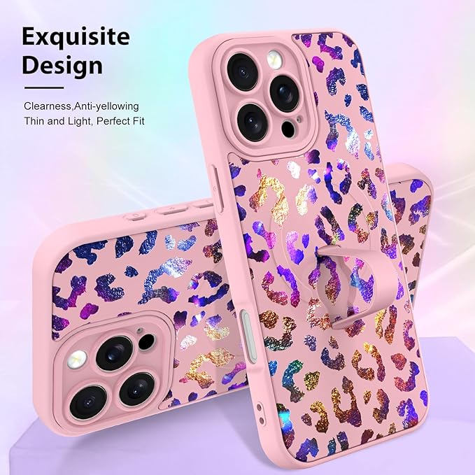 KANGHAR Compatible with iPhone 16 Pro Case, Support for MagSafe, Silicone Cute Iridescent Leopard Cheetah Pattern, Wristband Kickstand Shockproof Protective Slim Cover for Women Girls, Pink