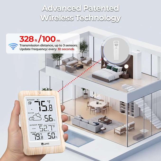 Indoor Outdoor Thermometer Wireless Weather Station, Temperature Humidity Monitor Battery Powered Inside Outside Thermometers with 330ft Range Remote Sensor and Backlight Display（Wood）