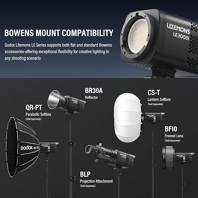 Godox Litemons LE300Bi COB Led Video Light, Godox Bowens Mount 315W Bi-Color Continuous Output Light with DMX/Bluetooth APP Control, NFC Connection, 2800K~6500K, 58900Lux@1m, CRI/TLCI98, 11 Fx Effects
