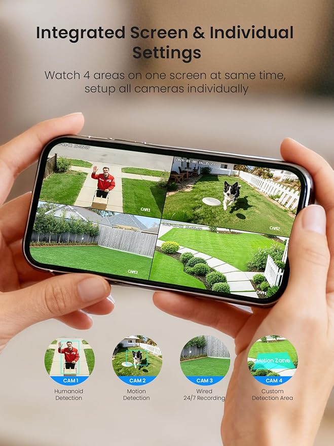 Solar Camera Outdoor Wireless, No Subscription, Expandable to 10CH, 4 Cam Kit Home Security Camera System, 4MP Color Night Vision, 360° Pan&Tilt, PIR/AI Detection, Works Offline & 2.4G/5G WiFi