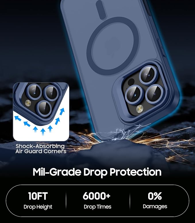 TOBOVON for iPhone 16 Pro Max Case, Compatible with MagSafe, Built-in Camera Ring Stand, with Individual Camera Cover, Translucent Matte Military-Grade Drop Protection Magnetic Case, Blue