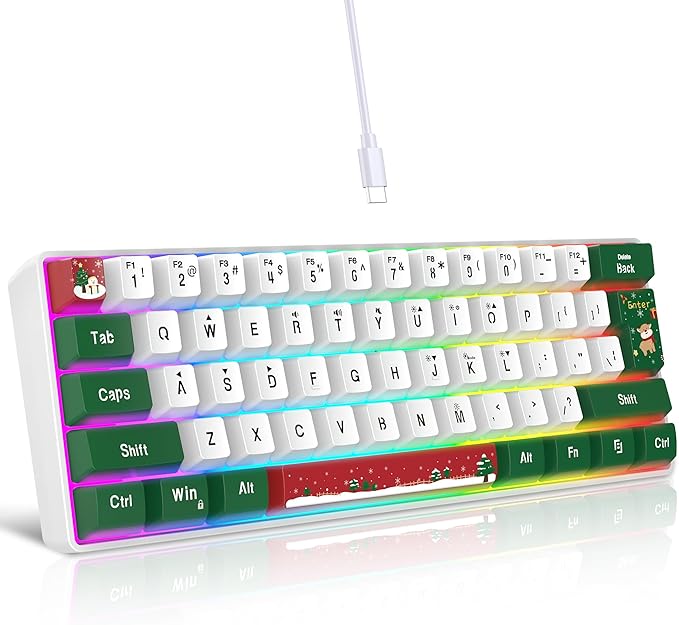 Snpurdiri 60% Wired Gaming Keyboard, RGB Backlit Small Ultra-Compact 61 Keys 60 Percent Gaming Keyboard for PC/Mac Gamer, Typist, Travel, Easy to Carry on Business Trip(Red Green White)