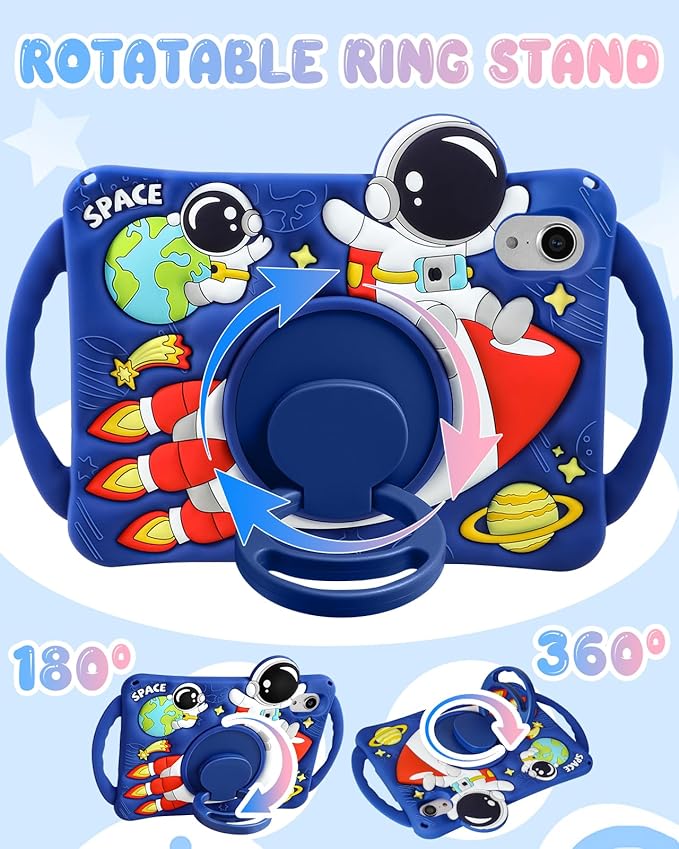 Boaretiu Kids Case for iPad mini 7 (A17 Pro)/mini 6 Generation 8.3 Inch - Cute Cartoon Astronaut Spaceship Silicone Case with Strap & Rotating Stand Soft 3D Tablet Cover for Boys Teens