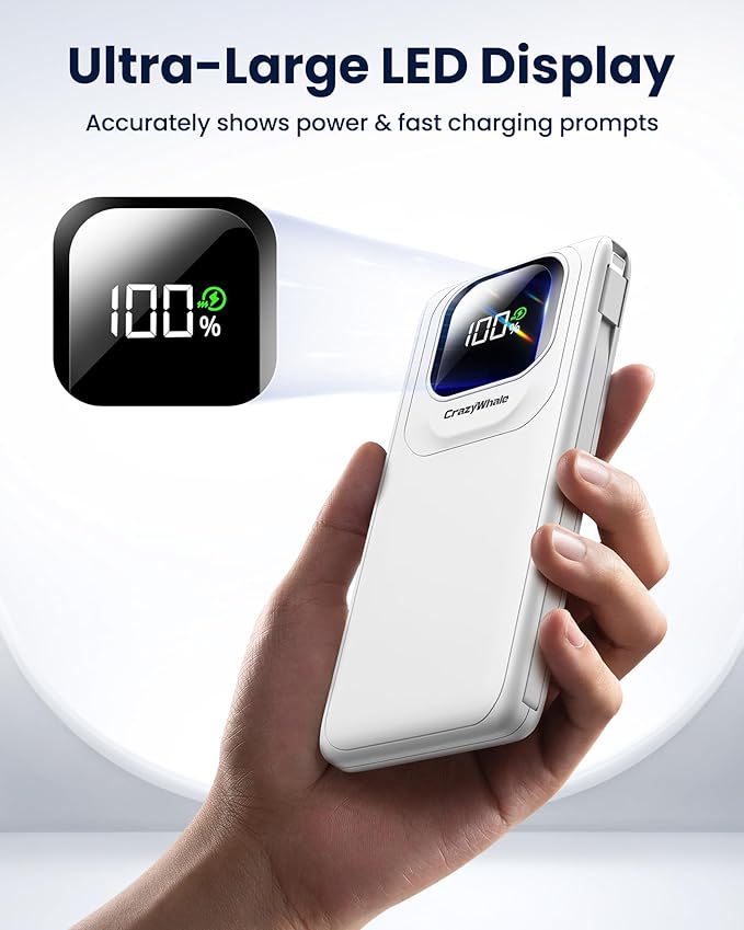 Portable Charger with Built-in Cables,22.5W Super Fast Charging Power Bank Slim Phone Charger,10000mAh Travel Battery Pack Battery Bank with Smart LED Display for iPhone, Android & USB-C