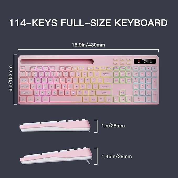 Soueto Wireless Keyboard with 7-Color RGB Backlit, Full-Size Computer Keyboard with Phone Tablet Holder, 2.4G Rechargeable Gaming Keyboard with Light Up Keys, Compatible with Mac, Windows (Pink)