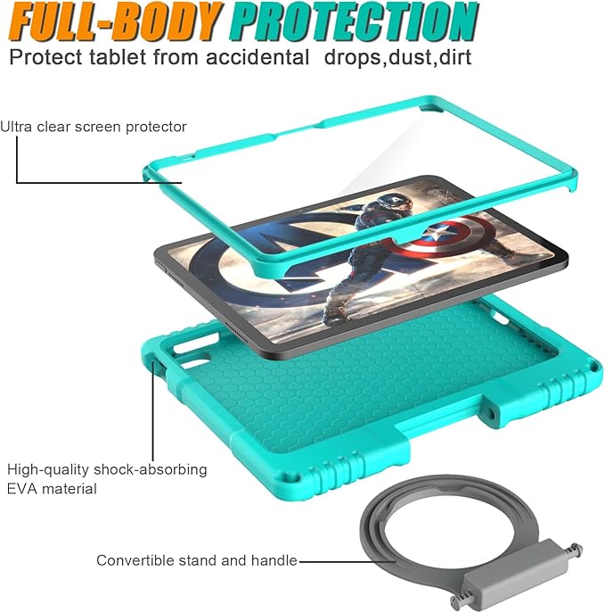 Kids Case for iPad 10th Generation 10.9-inch (2022) & iPad Air 11-inch 2024 & iPad Pro 11-inch M4 (2024), Lightweight Shockproof Case Built-in Screen Protector with Handle Stand,Turquoise