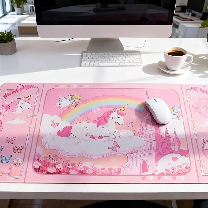 PERFECTSIGHT Cute Unicorn Desk Pad Kawaii Dream Desk Mat, Large Gaming Mouse Pad, Funny Deskmat Mousepad, Laptop Keyboard Pad Office Home Decor for Women Girls, Light Pink