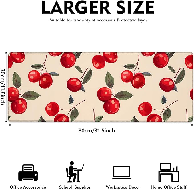 Tasty Cherry Gaming Mouse Pad, Large Fresh Fruit Desk Mat for Laptop Keyboard Computer, Non-Slip Rubber Base Desktop Extended Mousepad for Office Home Accessories 31.5"×11.8"