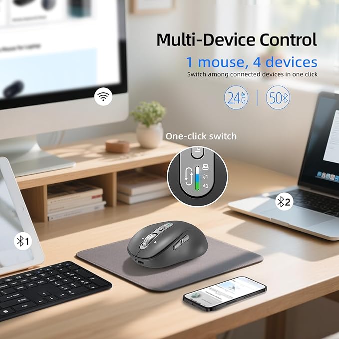 Wireless Bluetooth Mouse,Multi Device Ergo Computer Mouses,Metal 4-Way Super Scrolling,± 3200 DPI,10 Buttons,Plug&Play,Quiet,Rechargeable,USB Cordless Mice for Laptop,Tablet,Mac,iPad,PC,Phone All Grey