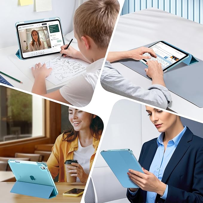 MoKo for iPad Air 11 inch Case (M4/M3/M2) 2026/2025/2024, iPad Air 5th/4th Gen 10.9 inch Case 2022/2020 with Pencil Holder, Slim Light Trifold Cover with Hard PC Translucent Back Shell, French Blue