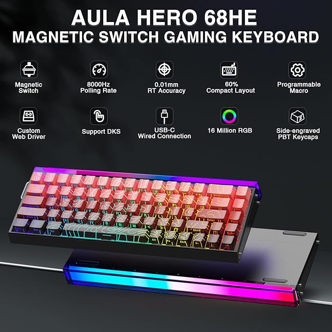 AULA Hero 68 HE 60% Gaming Keyboard Wired, Hall Effect Magnetic Switch Keyboard with 8K Hz Polling Rate, Side Printed PBT Keycaps, RGB Light Box, Customizable Web Software for PC/Mac Gamers