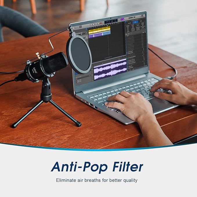 Daffodil Condenser Microphone USB Omnidirectional MCP200 - Mic with Tripod Stand, Pop Filter - Recording Vocals, Gaming, Podcast, ASMR, Vlogging Broadcast and Streaming for PC and Mac - Black