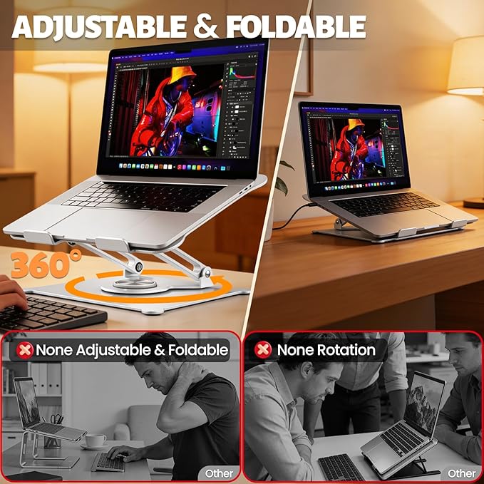 Urmust Adjustable Laptop Stand for Desk, 360 Rotating Base, Ergonomic Computer Stand, Compatible with MacBook Air Pro, Dell, HP, for Office Home