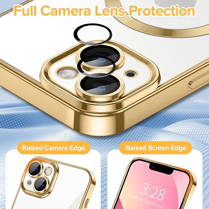Hython Magnetic Clear for iPhone 13 Case with Camera Lens Protector [Compatible with MagSafe] Luxury Plating Edge Slim Soft TPU Cover Protective Phone Case for iPhone 13 6.1", Gold