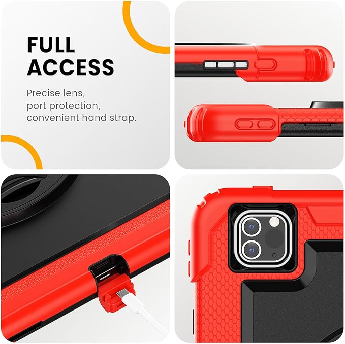 Timecity Protective Case for iPad Pro 12.9 inch 6th/ 5th/ 4th/ 3rd Generation, with Strong Protection, Screen Protector, Hand/Shoulder Strap, Rotating Stand, Pencil Holder - Red