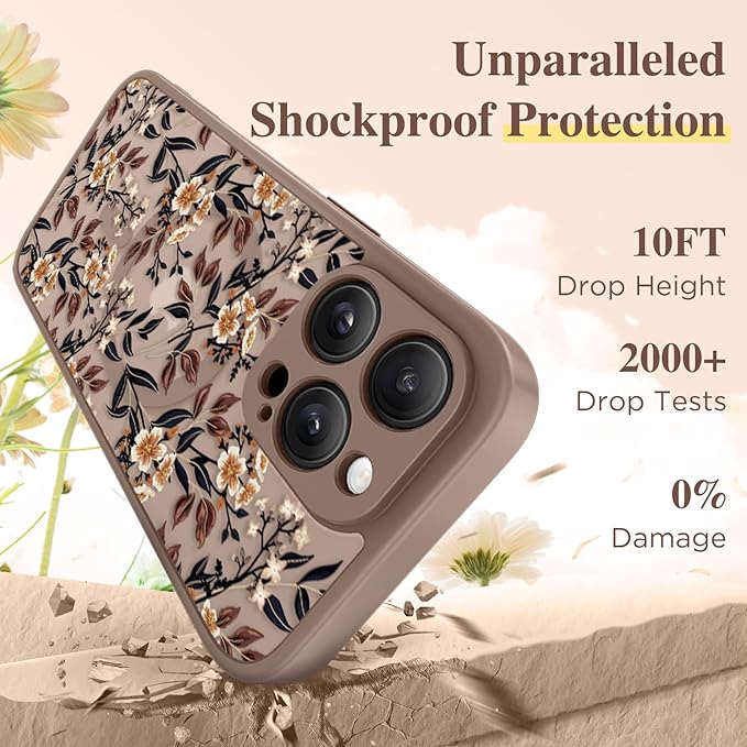 GVIEWIN for iPhone 16 Pro Max Case Compatible with MagSafe, [Military Grade Protection] [Screen Protector] Full Camera Protection Floral Translucent Women Magnetic Phone Case, Bunchflower/Brown