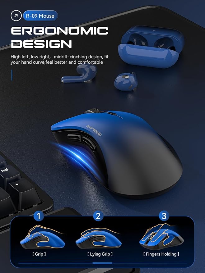 RAPIQUE Bluetooth Wireless Mouse - Dual Bluetooth & 2.4 GHz USB Receiver, Comfortable Grip, Quiet Clicks, Low Power - Multi-Device Compatibility for Laptop, MacBook, Computer, ipad(Gradient Blue)