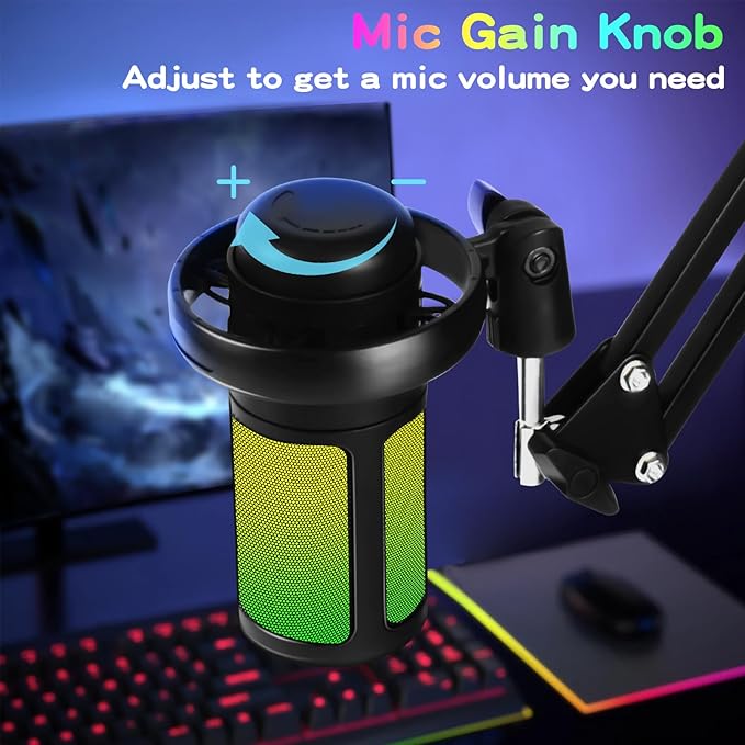 KingSom Gaming USB Microphone,Noise Cancellation Condenser Mic with Boom Arm,Podcast Microphones RGB Computer Mic,Streaming Microphone with Pop Filter, Mute Button,Gain for Recording,Discord,YouTube