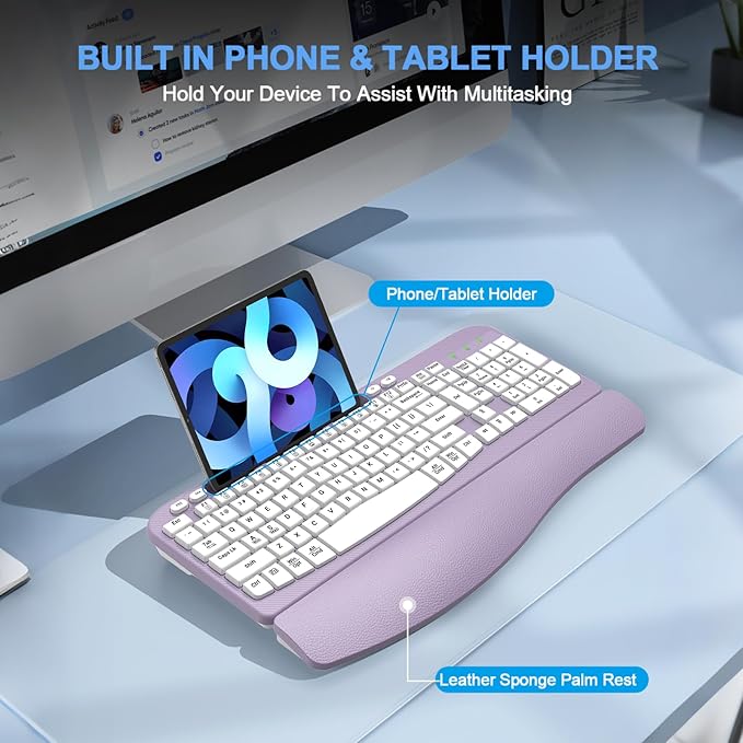 Ergonomic Wireless Keyboard with Cushioned Wrist Rest, Wave Keys, Phone Holder, Comfortable Natural Typing, 2.4GHz Full Size Cordless USB Computer Keyboard for Windows, Mac OS, Laptop, PC (Purple)
