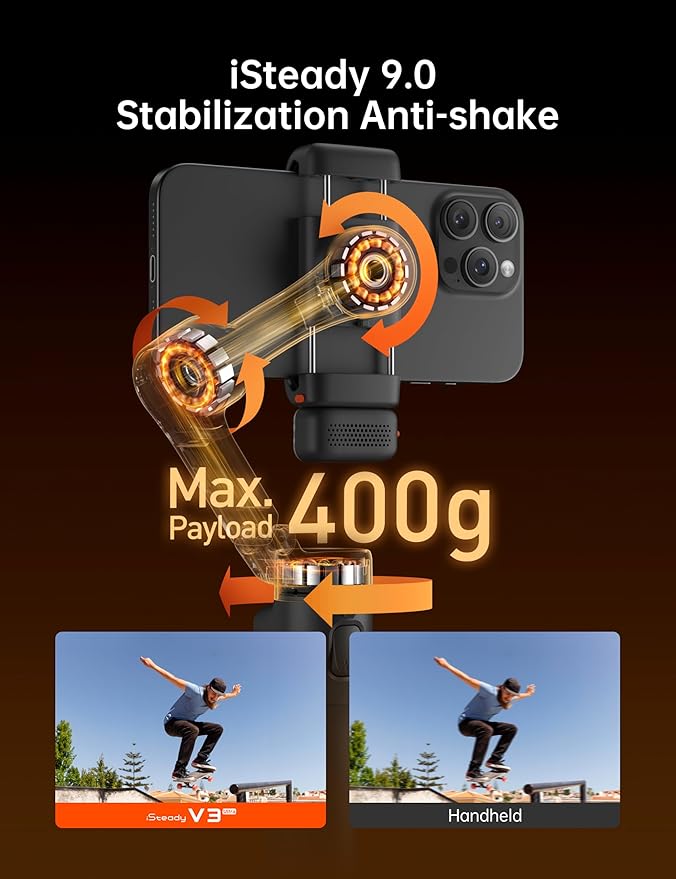 Hohem iSteady V3 Ultra Gimbal Stabilizer for iPhone, AI Tracker with Light, 1.22" Full-color Touchscreen Remote Control, Built-In Extension Rod & Tripod, 360° Infinite Tracking, Video Recording, Black