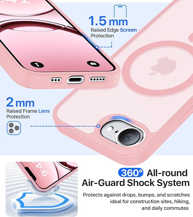 Eastinbox Magnetic Shockproof for iPhone 17e & iPhone 16e Case [Compatible with MagSafe] [Military-Grade Protection] Anti-Yellowing, Matte Protective Phone Case for iPhone 17 e/16 e 6.1", Pink