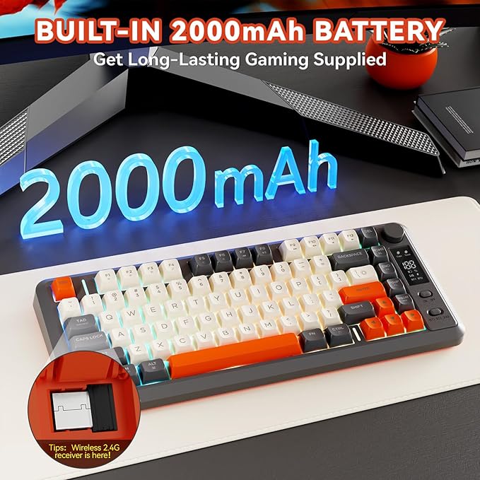 ZIYOU LANG M75 Wireless Gaming Keyboard, RGB Backlit Rechargeable 2000mAh Battery, Small Membrane But Mechanical Feel Keyboard with Smart Display & Knob, PBT Gradient keycaps for PC, MAC - Shimmer