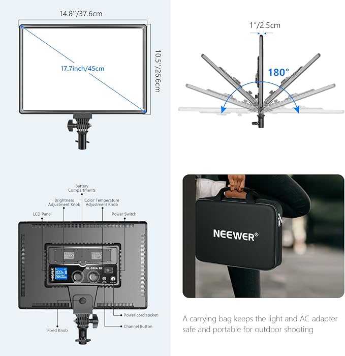Neewer NL288 LED Video Light with 2.4G Remote, 45W 4800Lux 3200K-5600K CRI 97+ Dimmable Bi-Color 18" Soft Light Panel for Photography YouTube Live Stream Game Zoom Meeting(Battery Not Included)