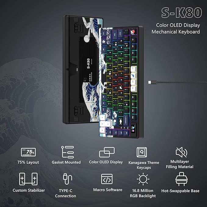 Womier SK80 75% Keyboard with Color Multimedia Display Mechanical Gaming Keyboard Creamy Sound, Wired Hot Swappable Gasket Mount RGB Custom Key Board, Pre-lubed Stabilizer for Mac/Win, Black Kanagawa