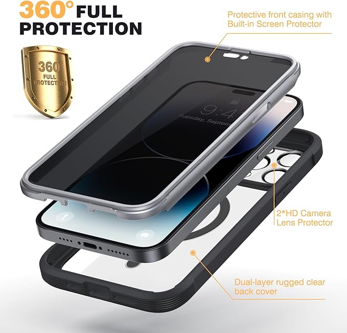Diaclara Magnetic Designed for iPhone 14 Pro Max Case, Full Body Rugged Case with Built-in Privacy Touch Sensitive Anti-Scratch Screen Protector, with Camera Lens Protector, Black