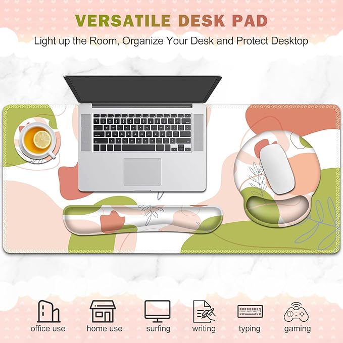 Gaming Mouse Pad, Large Desk Mat, Cute Desk Pad Protector, 4 in1 XXL Mousepad + Keyboard Wrist Rest+Mouse Wrist Rest+Coaster Set with Ergonomic Desk Pad for Home Office Table Computer Pink Rose
