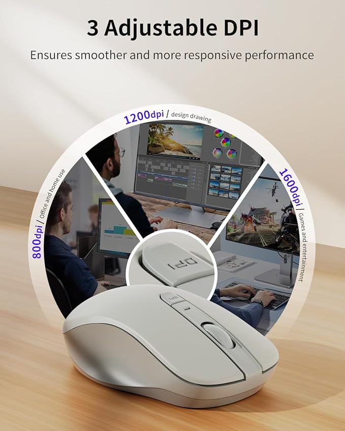 WL300 Bluetooth Mouse Silent Wireless Mice, Quiet Click, Cordless Computer Mouse with 6 Buttons, Sculpted Grip, Adjustable DPI for Laptop, PC, Mac, 18-Month Battery Life for Work Travel（Silver-Gray)