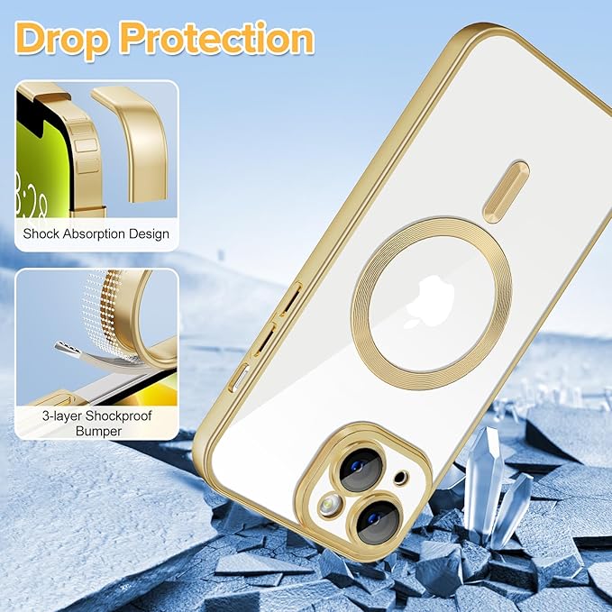 Hython Magnetic Clear for iPhone 14 Plus Case with Camera Lens Protector [Compatible with MagSafe] Luxury Plating Edge Slim Soft TPU Cover Protective Phone Case for iPhone 14 Plus 6.7", Matte Gold