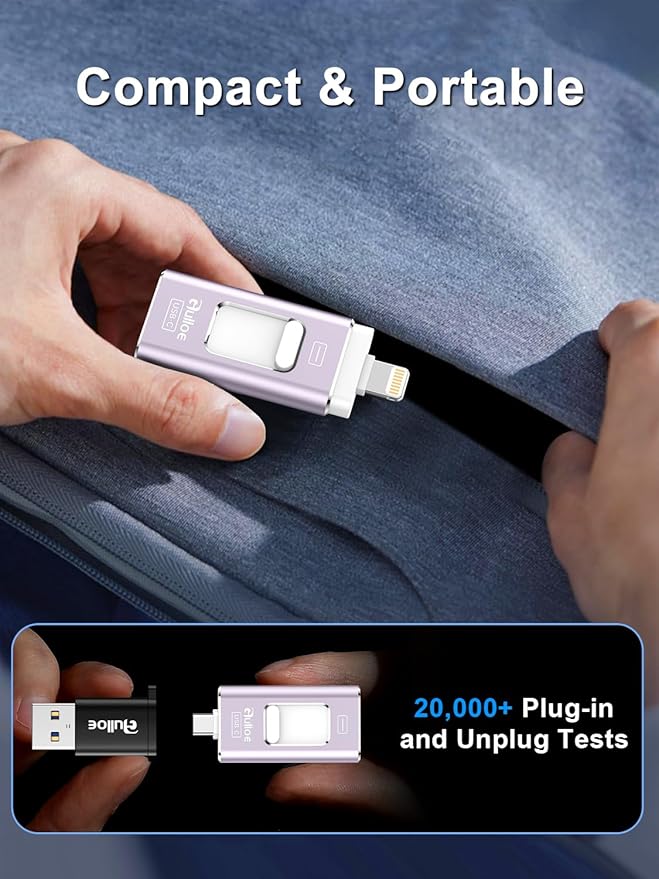 Gulloe 256GB Dual Interface Flash Drive for Phone Storage Photos Videos, Phone USB Backup External Photo Memory Stick - No App Required, Compatible with iPhone, iPad, Android & PC (Lavender Purple)
