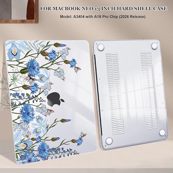 Compatible with MacBook Neo 13 inch Case 2026 (Model A3404), Printed Pattern Hard Shell Laptop Case with Keyboard Cover & Screen Film, Slim Plastic Protective Cover, Tropical Blue Flowers