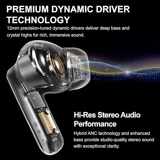 Wireless Earbuds, ANC/ENC Noise Cancelling Earbuds with Touch Screen, Bluetooth 5.4 Ear Buds with LED Charging Case, 40H Stereo Sound, IPX7 Waterproof Earphones with 6 EQ Modes for iOS Android (Black)