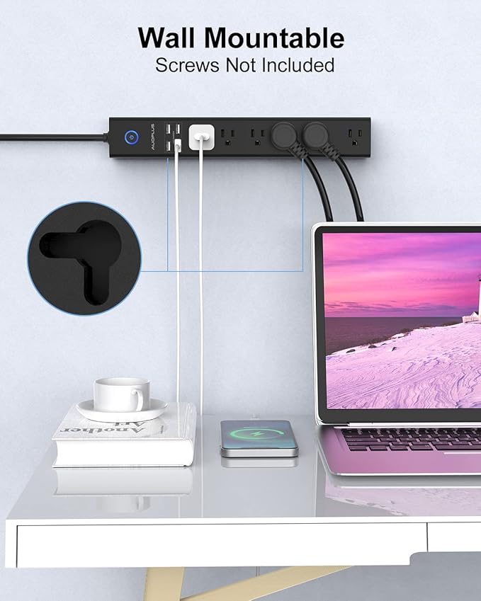 15 Ft Power Strip Surge Protector, 6 Outlets and 4 USB Ports, Flat Plug Power Strips Long Extension Cord with Overload Protection, Wall Mount for Home, Office, Dorm, ETL Listed