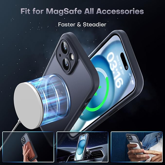 TOCOL Magnetic for iPhone 15 Case, Upgraded Full Camera Protection, Compatible with Magsafe, Drop Protection, Translucent Matte Back Bumper Phone Cover 6.1-Inch（Matte Black）