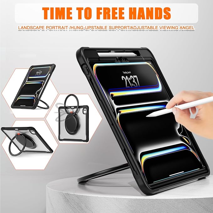 Batianda for iPad Pro 11 inch Case 2025 M5 2024 M4 Chip Lightweight Dual-Layer Protective Tablet Cover, Durable Shock-Absorbing Corners with 360° Rotating Kickstand Ring Built-in Pen Slot, Black