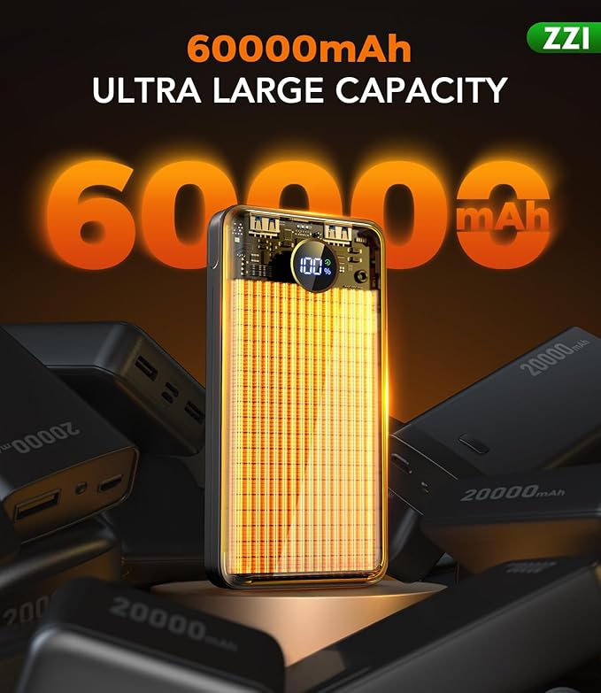 Portable Charger Power Bank, 60000mAh Battery Pack with 3 in 1 USB-C/iOS/Micro-USB Cable, 22.5W Fast Charging Portable Phone Charger, Travel Camping Essential Powerbank for iPhone 17/16 Samsung,Ebony