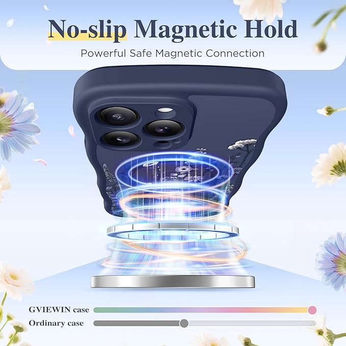 GVIEWIN for iPhone 16 Pro Max Case Compatible with MagSafe [Curly Wave Edge][Full Camera Protection] Floral Translucent Shockproof Magnetic Women Phone Case for 16 Pro Max, Floratopia/Blue