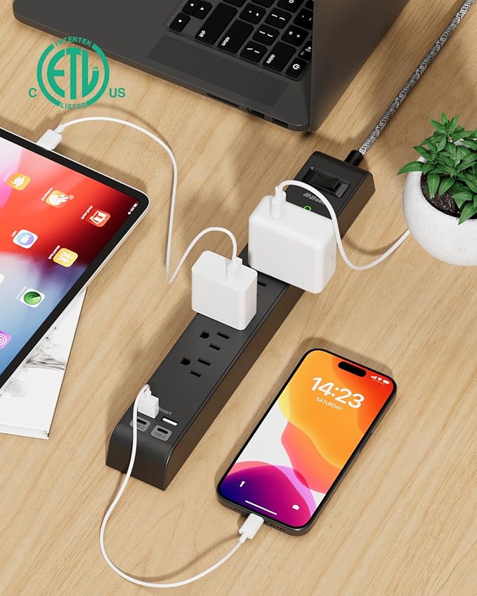 2 Pack 15FT Surge Protector Power Strip, Long Extension Cord with 6 Outlets 4 USB Ports, Flat Plug, 900 Joules, Wall Mount for Home Office Dorm